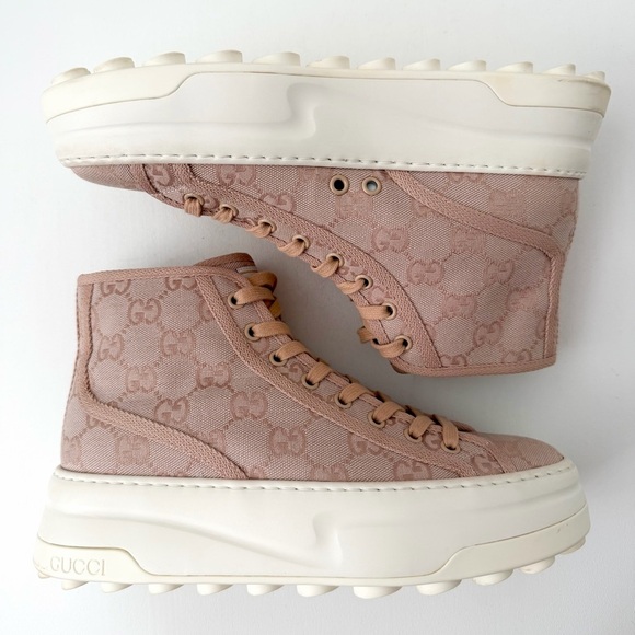 GUCCI | Pink GG Canvas High Top Platform Sneakers Tennis 1977 EU 38 - Picture 12 of 16